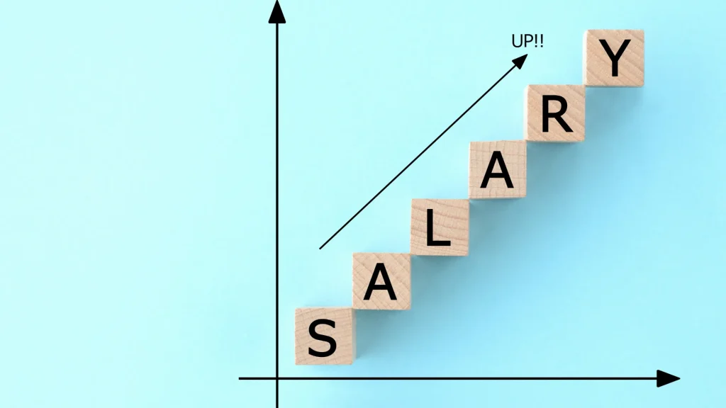 Wooden blocks spelling "SALARY" in an upward graph, representing the growth of digital marketing coordinator salary.
