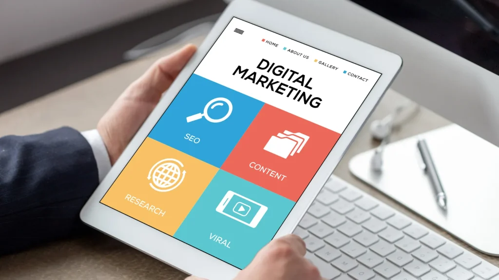 A tablet displaying a digital marketing dashboard with sections for SEO, content, research, and viral marketing. Digital marketing for dummies simplifies strategies for beginners.