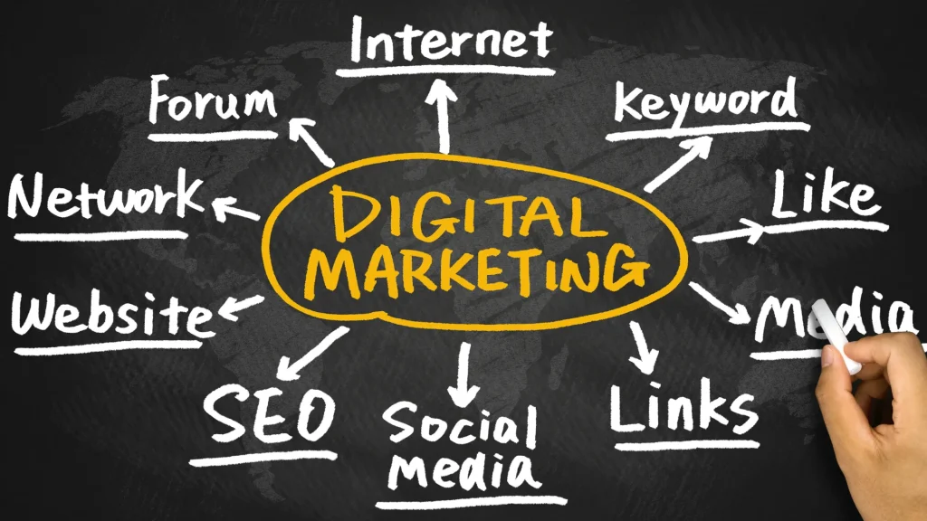 Wooden blocks spelling "DIGITAL MARKETING" on a wooden surface, representing the basics of digital marketing for dummies in an easy-to-understand format.