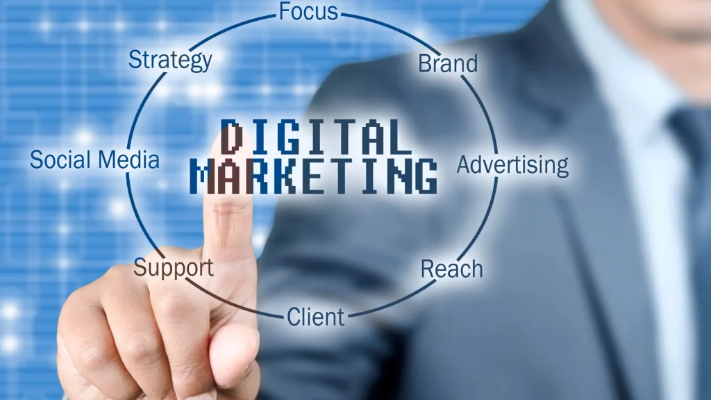 A businessman pointing at a digital marketing strategy diagram. Keywords include social media, branding, advertising, and support, representing digital marketing in Spanish.