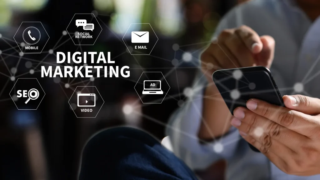  A person using a smartphone with digital marketing elements like SEO, ads, social network, and video marketing highlighted.
