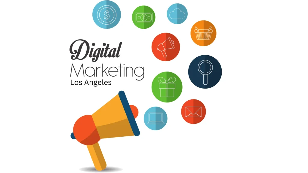 A megaphone with digital marketing icons representing advertising and SEO strategies. Digital marketing Los Angeles helps businesses grow online effectively.