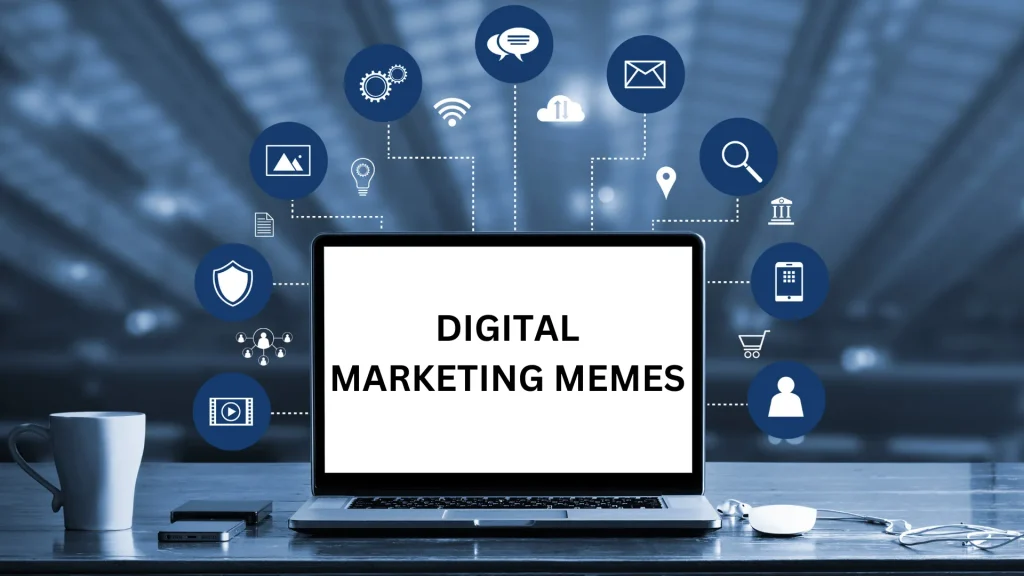 Two businesswomen laughing while looking at a tablet, likely at digital marketing memes in a workplace setting.
