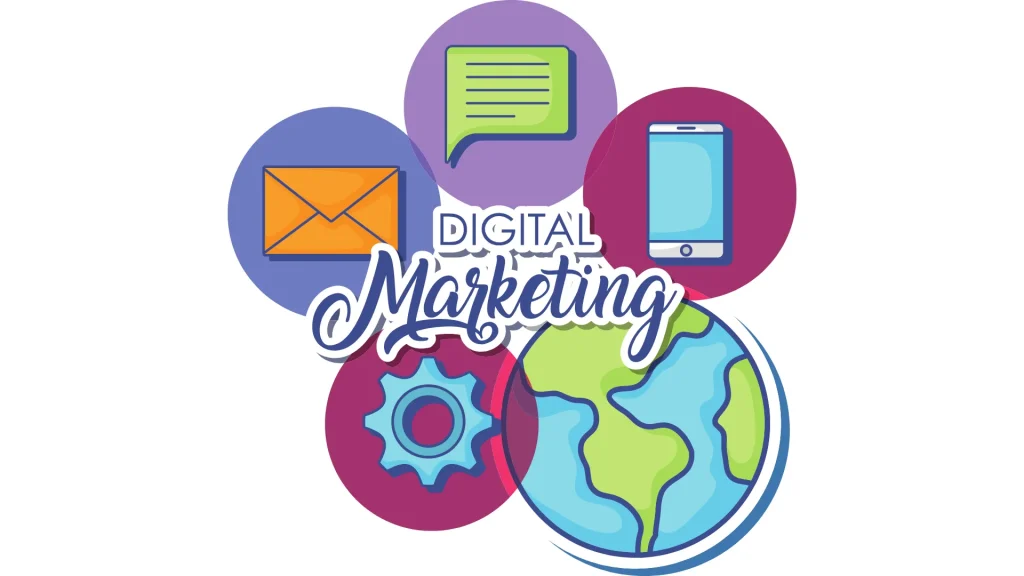 A digital marketing illustration with global elements, symbolizing online opportunities for digital marketing part time jobs.