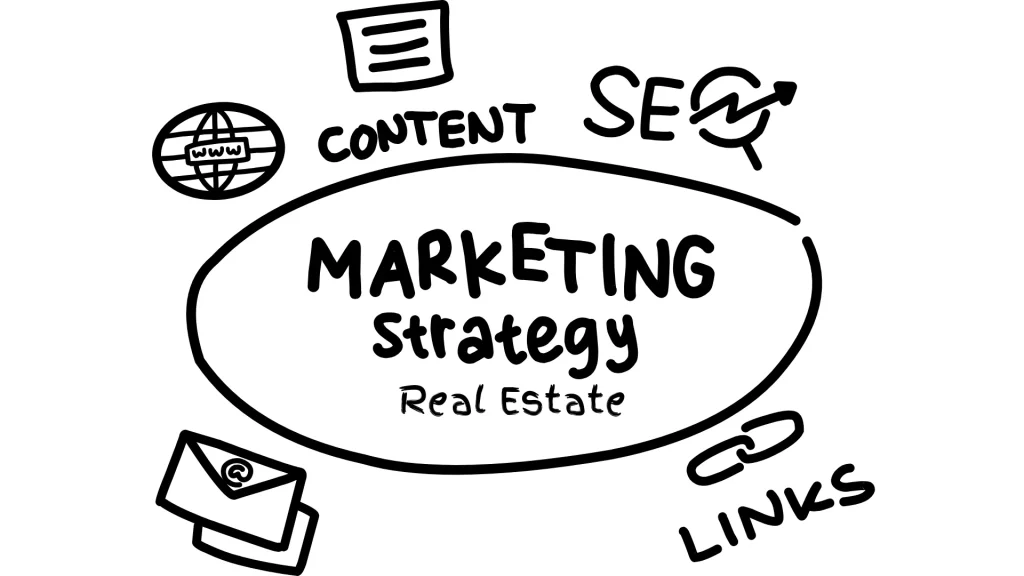A black-and-white sketch of a marketing strategy diagram focused on digital marketing real estate, including SEO, content, and link-building strategies.
