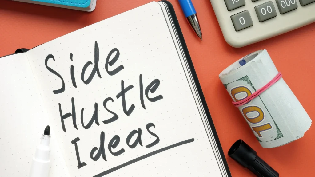 A notebook with "Side Hustle Ideas" written on it, alongside money and a calculator, emphasizing financial growth in a digital marketing side hustle.