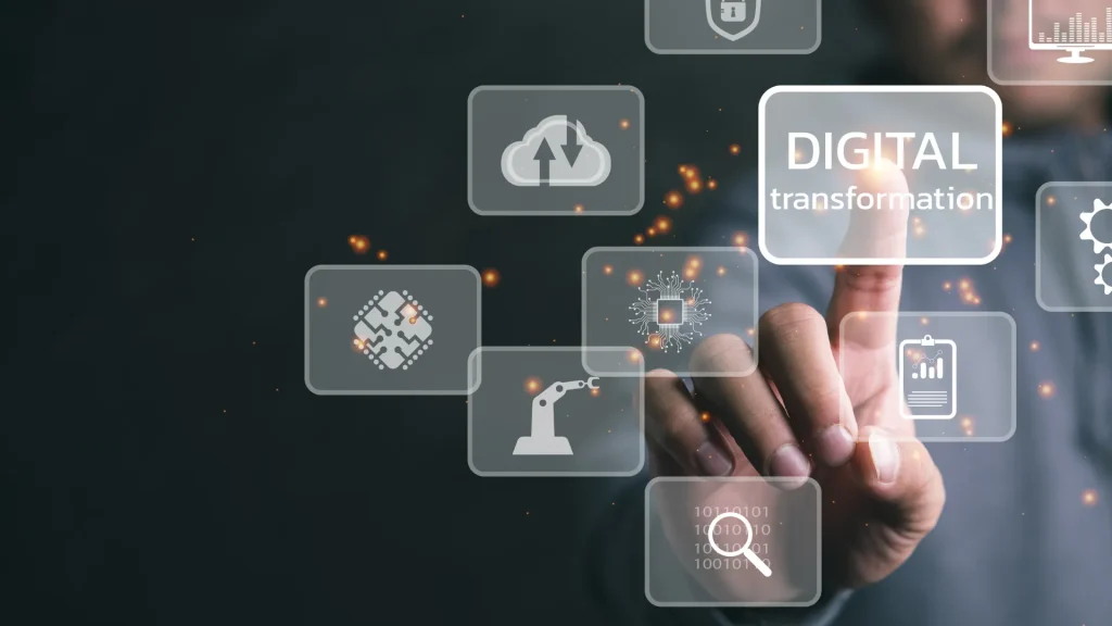 A futuristic digital marketing summit concept with AI and cloud computing icons