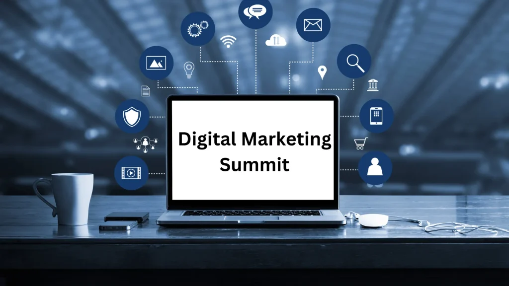 A laptop displaying 'Digital Marketing Summit' with icons representing various digital marketing tools